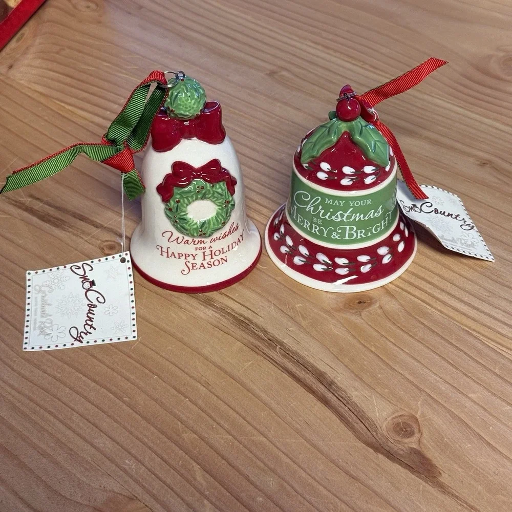 SnoCountry Christmas Bell Ornaments Lot of 2 Ceramic With Tags